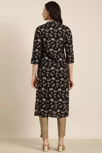 women's calf length mandarin collar black floral straight kurta