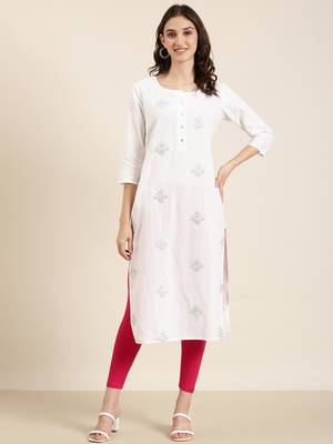 women's calf length round neck off white ethnic motifs straight kurta 2