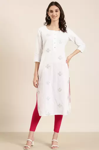 women's calf length round neck off white ethnic motifs straight kurta