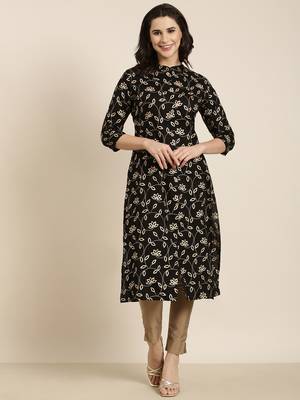 women's calf length mandarin collar black floral straight kurta 5