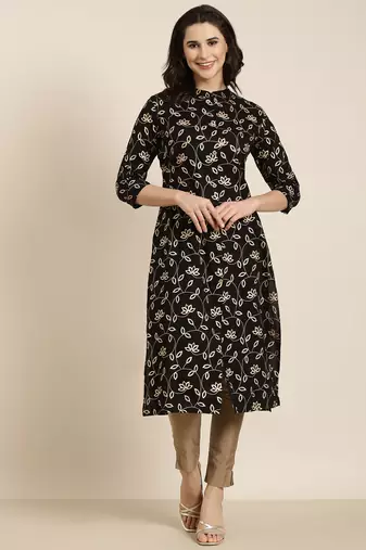 women's calf length mandarin collar black floral straight kurta