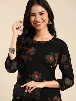 women's calf length round neck black geometric straight kurta 1