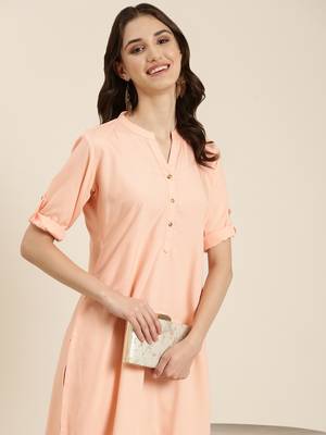 women's knee length mandarin collar peach solid straight kurta 1