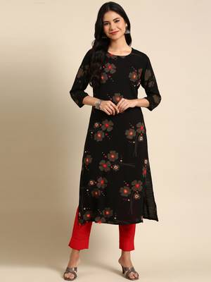 women's calf length round neck black geometric straight kurta 3
