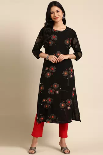 women's calf length round neck black geometric straight kurta