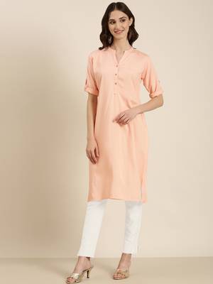 women's knee length mandarin collar peach solid straight kurta 2