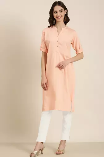 women's knee length mandarin collar peach solid straight kurta