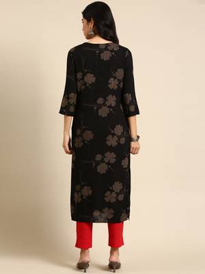 women's calf length round neck black geometric straight kurta 4