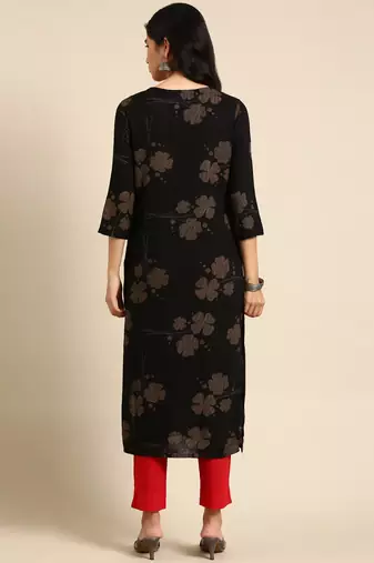 women's calf length round neck black geometric straight kurta
