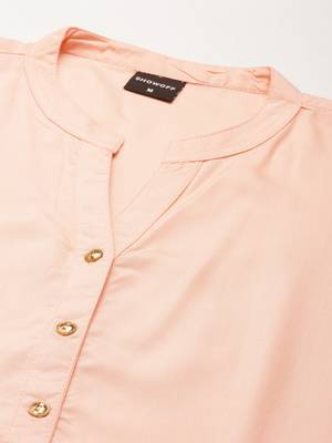 women's knee length mandarin collar peach solid straight kurta 3