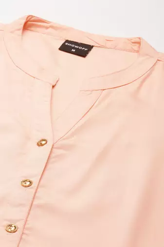 women's knee length mandarin collar peach solid straight kurta