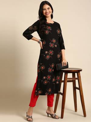 women's calf length round neck black geometric straight kurta 5