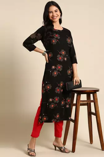 women's calf length round neck black geometric straight kurta