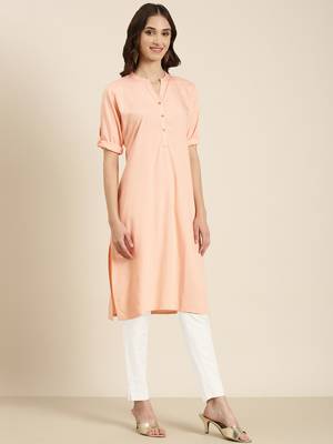 women's knee length mandarin collar peach solid straight kurta 4