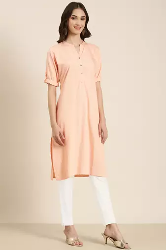 women's knee length mandarin collar peach solid straight kurta