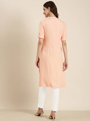 women's knee length mandarin collar peach solid straight kurta 5