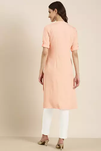 women's knee length mandarin collar peach solid straight kurta