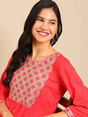 women's calf length round neck red embellished straight kurta 1