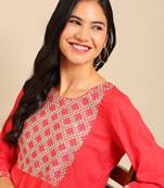 women's calf length round neck red embellished straight kurta