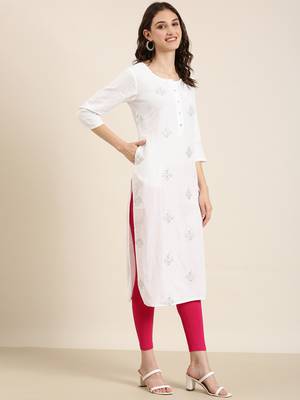 women's calf length round neck off white ethnic motifs straight kurta 4