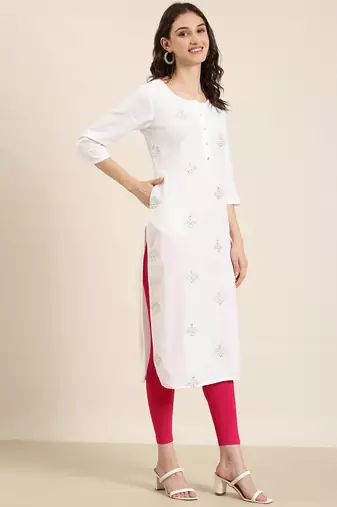 women's calf length round neck off white ethnic motifs straight kurta
