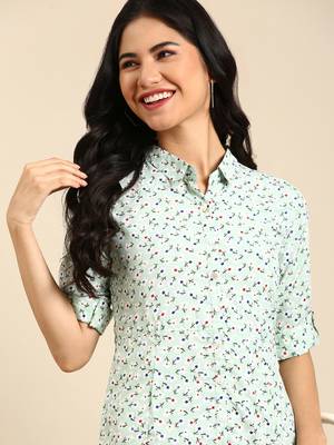 women's calf length shirt collar green floral a-line kurta 1