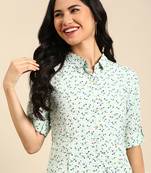 women's calf length shirt collar green floral a-line kurta