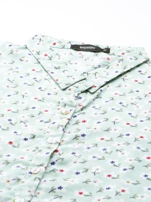 women's calf length shirt collar green floral a-line kurta 2