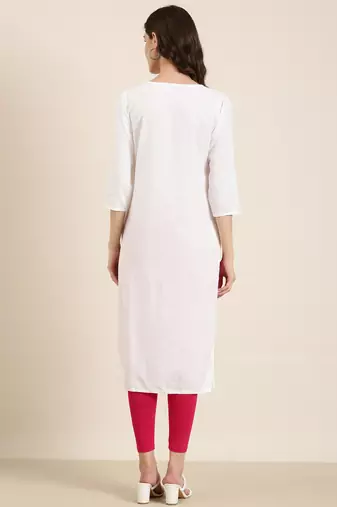 women's calf length round neck off white ethnic motifs straight kurta