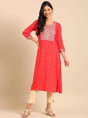 women's calf length round neck red embellished straight kurta 4