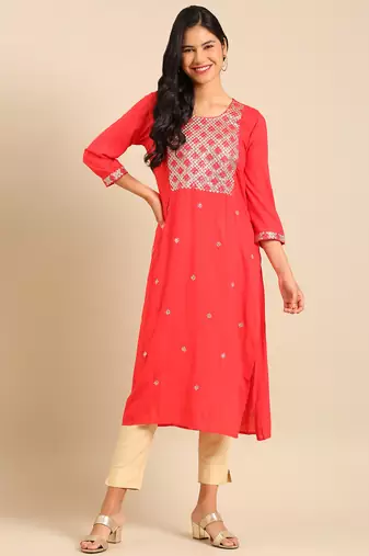 women's calf length round neck red embellished straight kurta