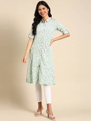 women's calf length shirt collar green floral a-line kurta 4