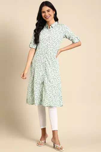 women's calf length shirt collar green floral a-line kurta