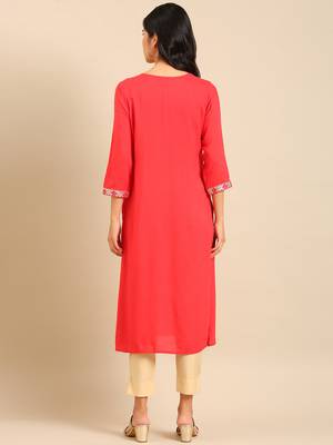 women's calf length round neck red embellished straight kurta 5