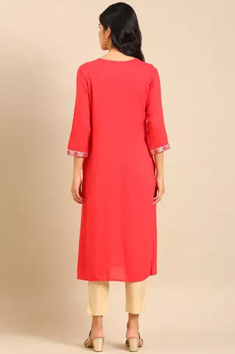 women's calf length round neck red embellished straight kurta