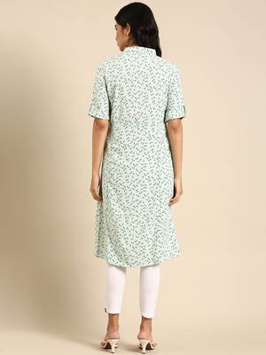 women's calf length shirt collar green floral a-line kurta 5