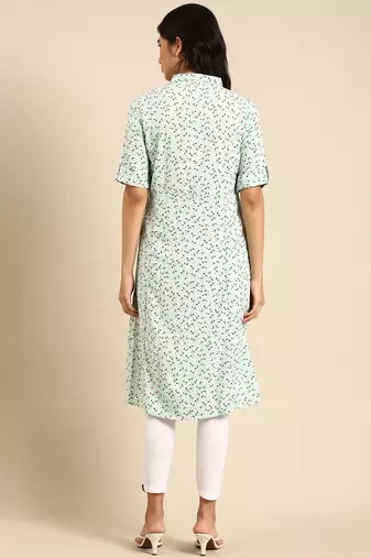 women's calf length shirt collar green floral a-line kurta
