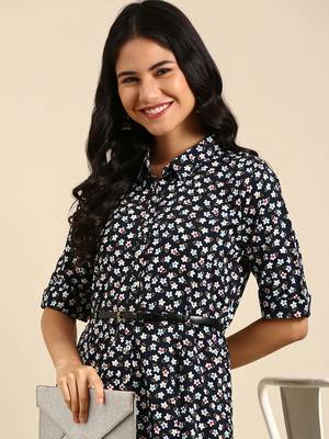 women's calf length shirt collar navy blue floral a-line kurta 1