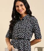 women's calf length shirt collar navy blue floral a-line kurta
