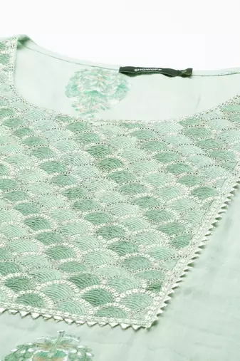 women's calf length round neck green floral straight kurta