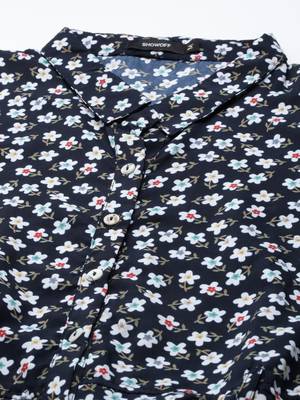 women's calf length shirt collar navy blue floral a-line kurta 2