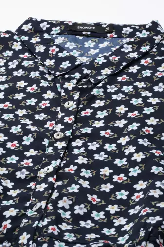 women's calf length shirt collar navy blue floral a-line kurta