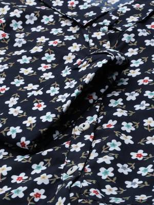 women's calf length shirt collar navy blue floral a-line kurta 3