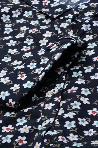 women's calf length shirt collar navy blue floral a-line kurta