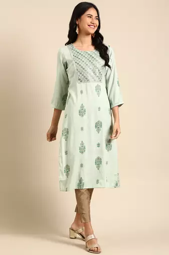 women's calf length round neck green floral straight kurta