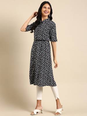 women's calf length shirt collar navy blue floral a-line kurta 4