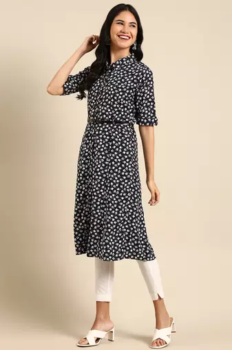 women's calf length shirt collar navy blue floral a-line kurta