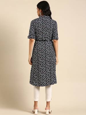 women's calf length shirt collar navy blue floral a-line kurta 5