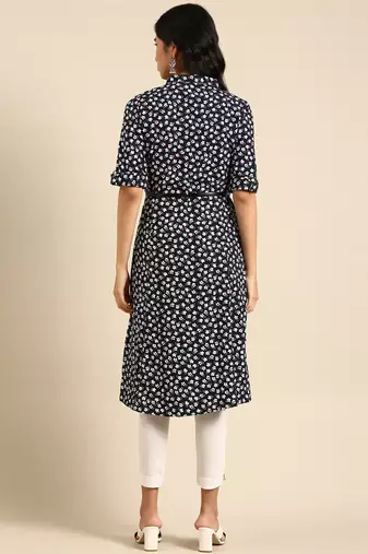 women's calf length shirt collar navy blue floral a-line kurta
