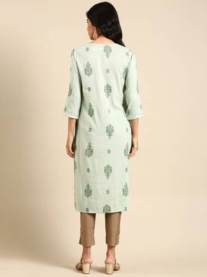 women's calf length round neck green floral straight kurta 5